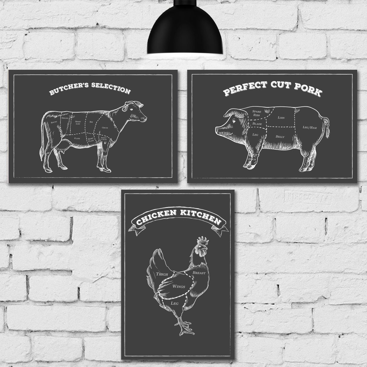 Placa Decorativa Churrasco Giz Boi Porco Frango 3un 30x40cm