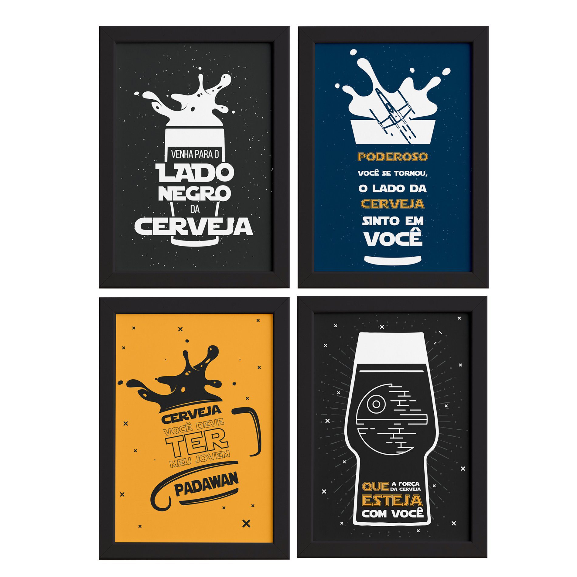 Quadros Geek com Frase Jedi 22x32cm Moldura Preta Kit 4un