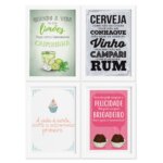 Quadros Cozinha Drinks e Desserts Moldura Branca 22x32cm 4un