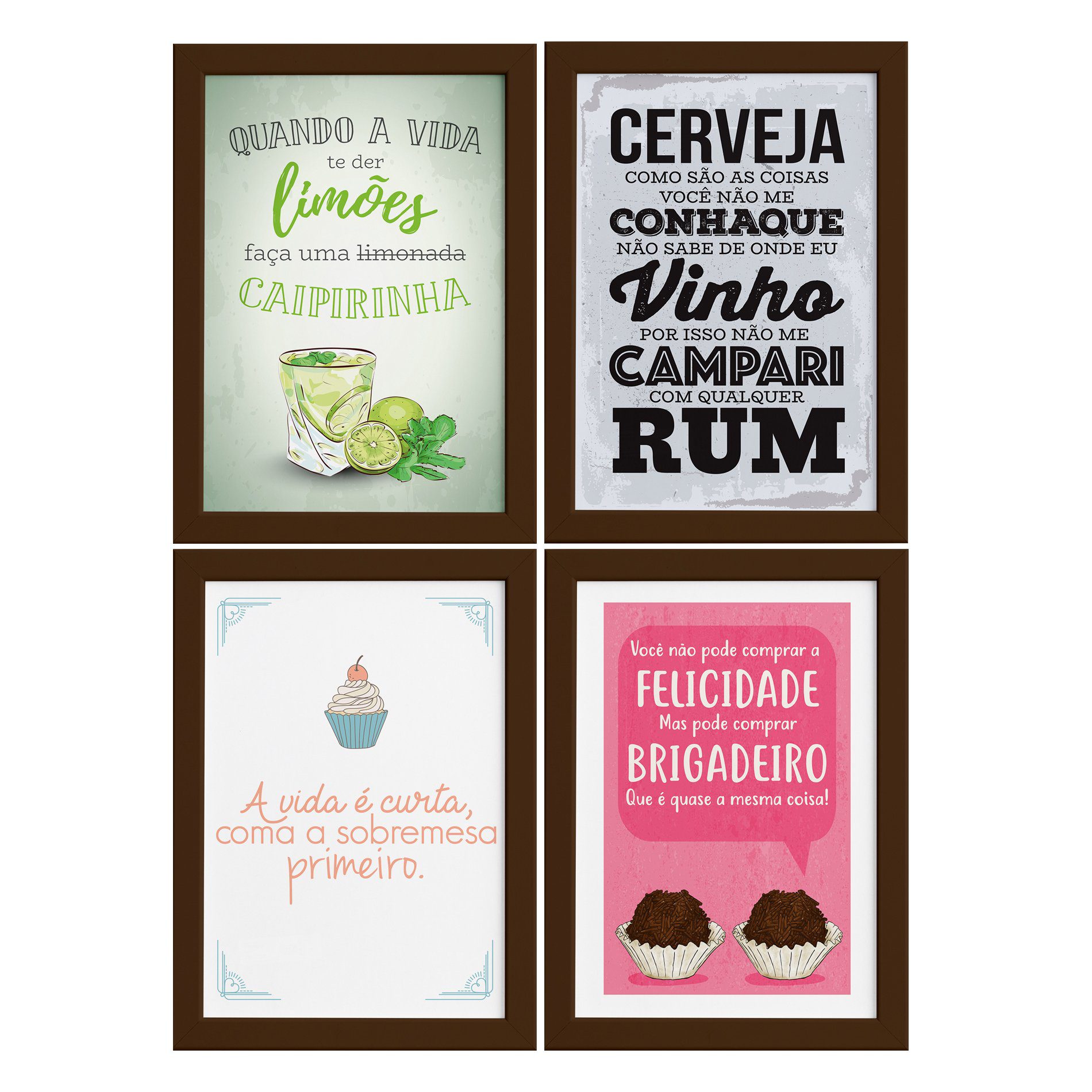 Quadros Cozinha Drinks e Desserts Moldura Marrom 33x43cm 4un