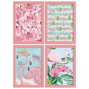 Kit Quadros Flamingos Tropicais Moldura Rosa 4un 22x32cm