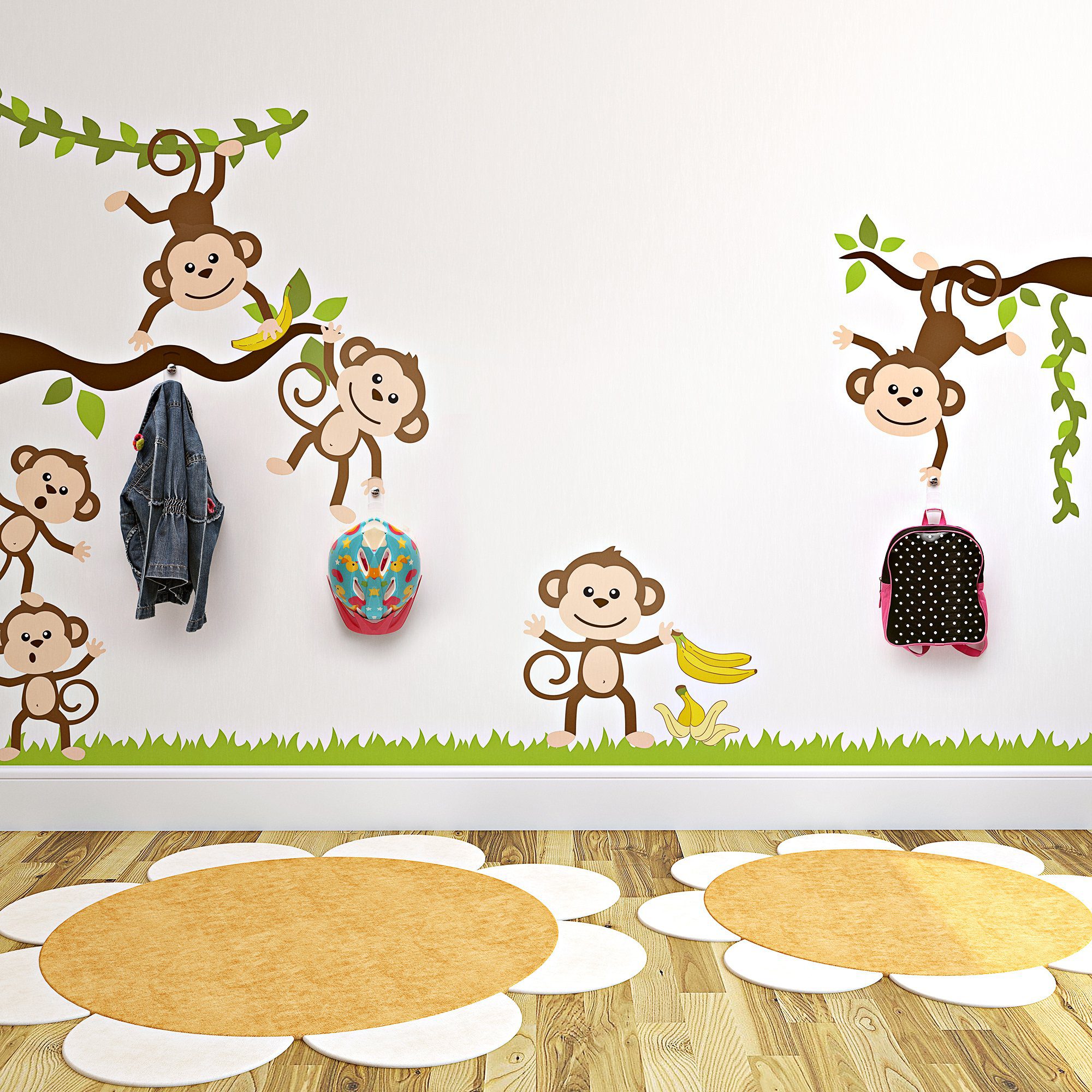 Adesivo de Parede Macacos e Gancho de Parede em Acrílico 3un