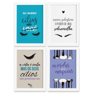 Kit Quadro Decorativo Maquiagem Frases Moldura Branca 4un 22x32cm