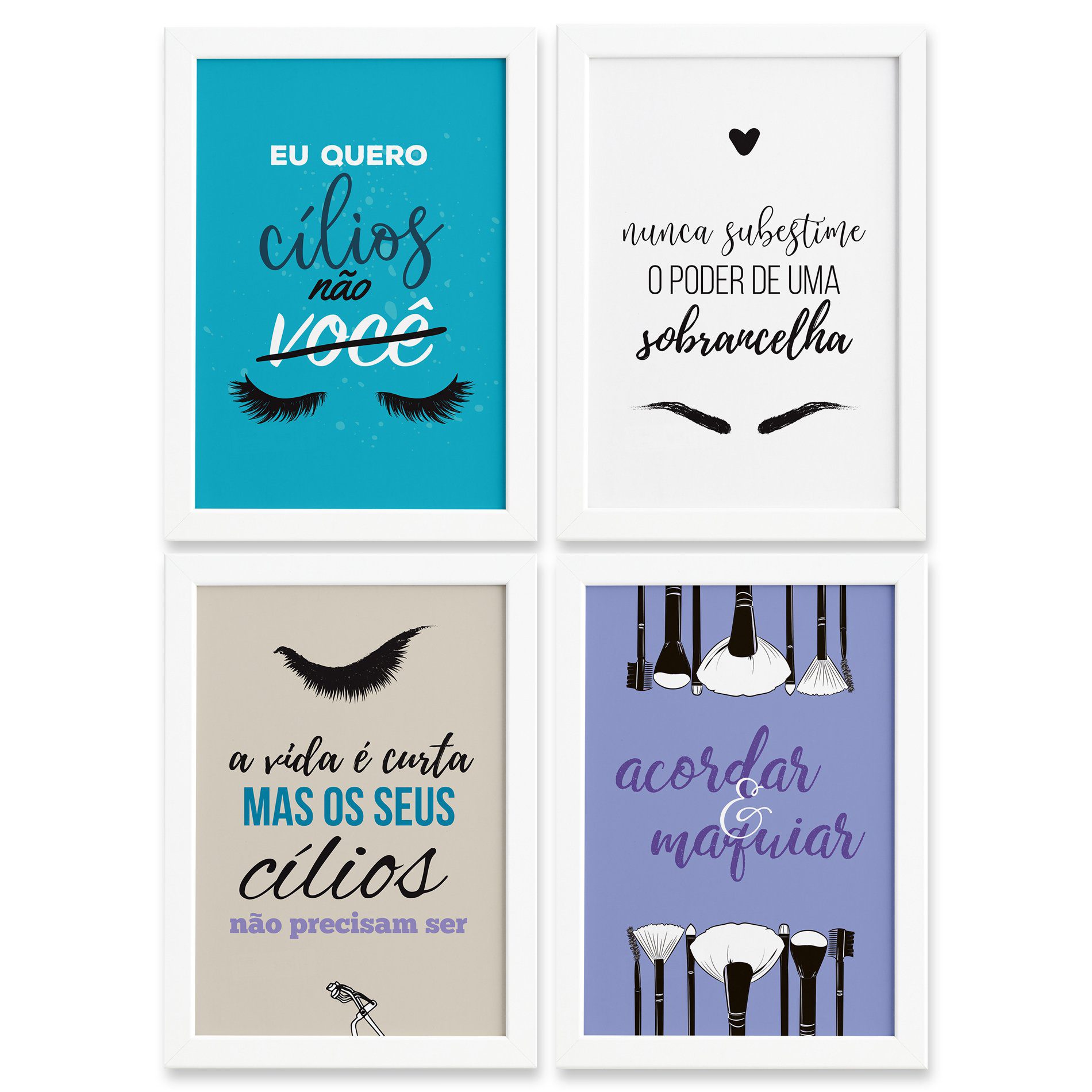 Imagem do kit de quadros decorativos Maquiagem com moldura branca e dimensões 22x32cm.