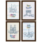 Quadros Paris Ilustrada Sala Moldura Marrom 33x43cm Kit 4un