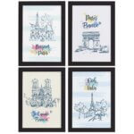Quadros Paris Ilustrada Sala Moldura Preta 33x43cm Kit 4un