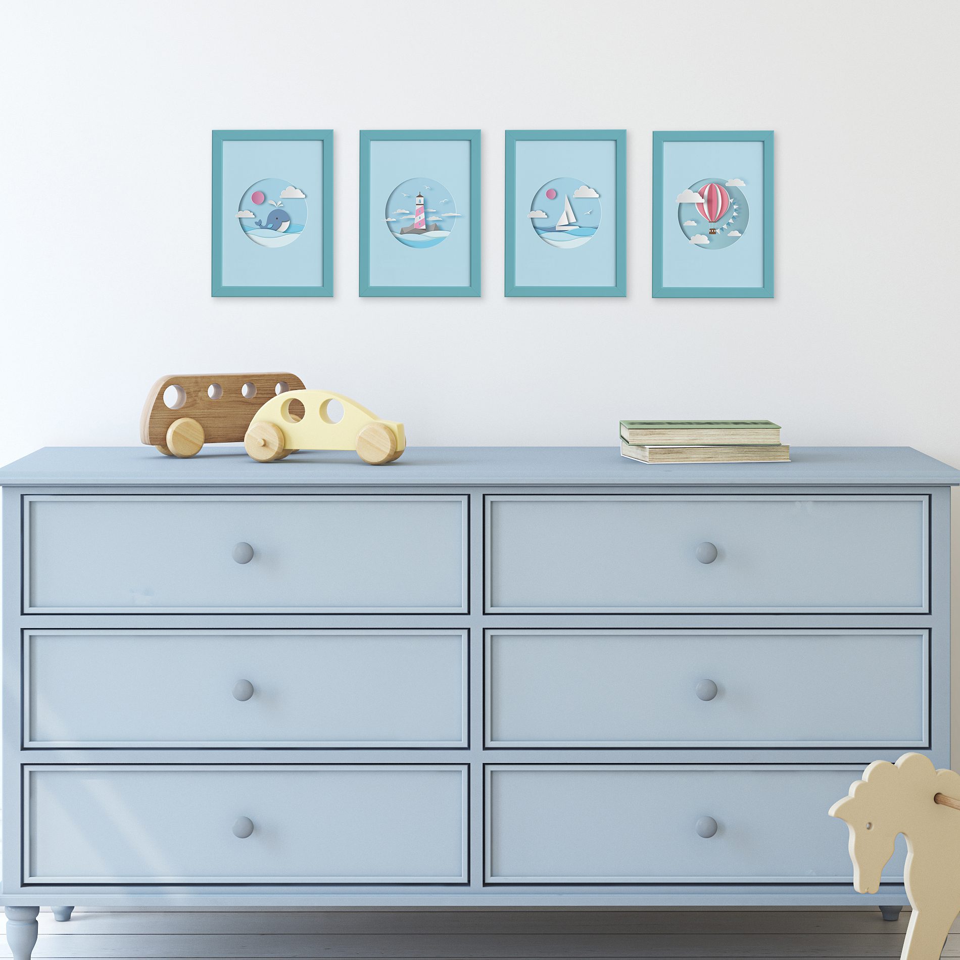 Quadros Quarto Infantil Praia Moldura Azul 22x32cm Kit4un,Quadros Quarto Infantil Praia Moldura Azul 22x32cm Kit4un