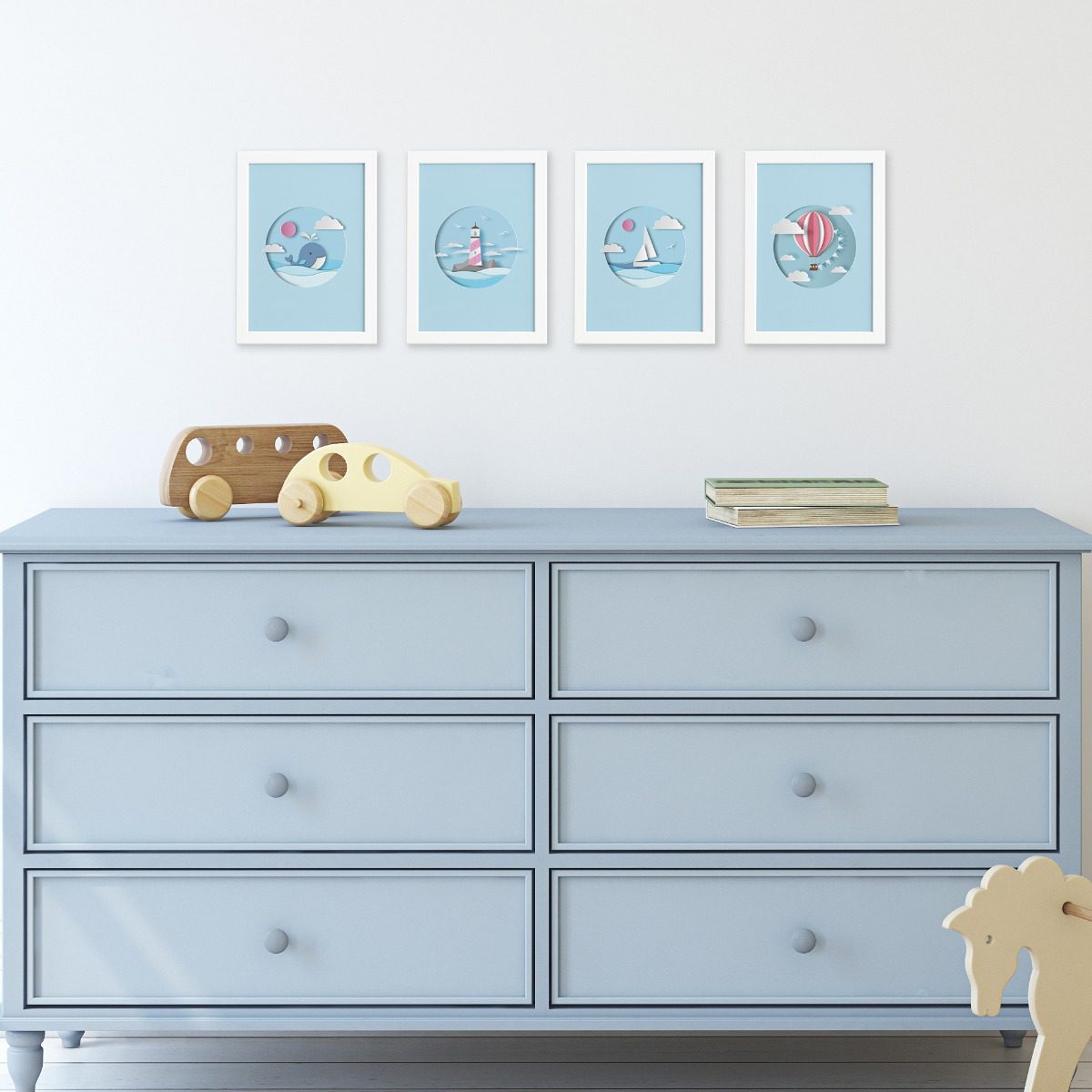 Quadros Quarto Infantil Praia Moldura Branca 33x43cm Kit4un