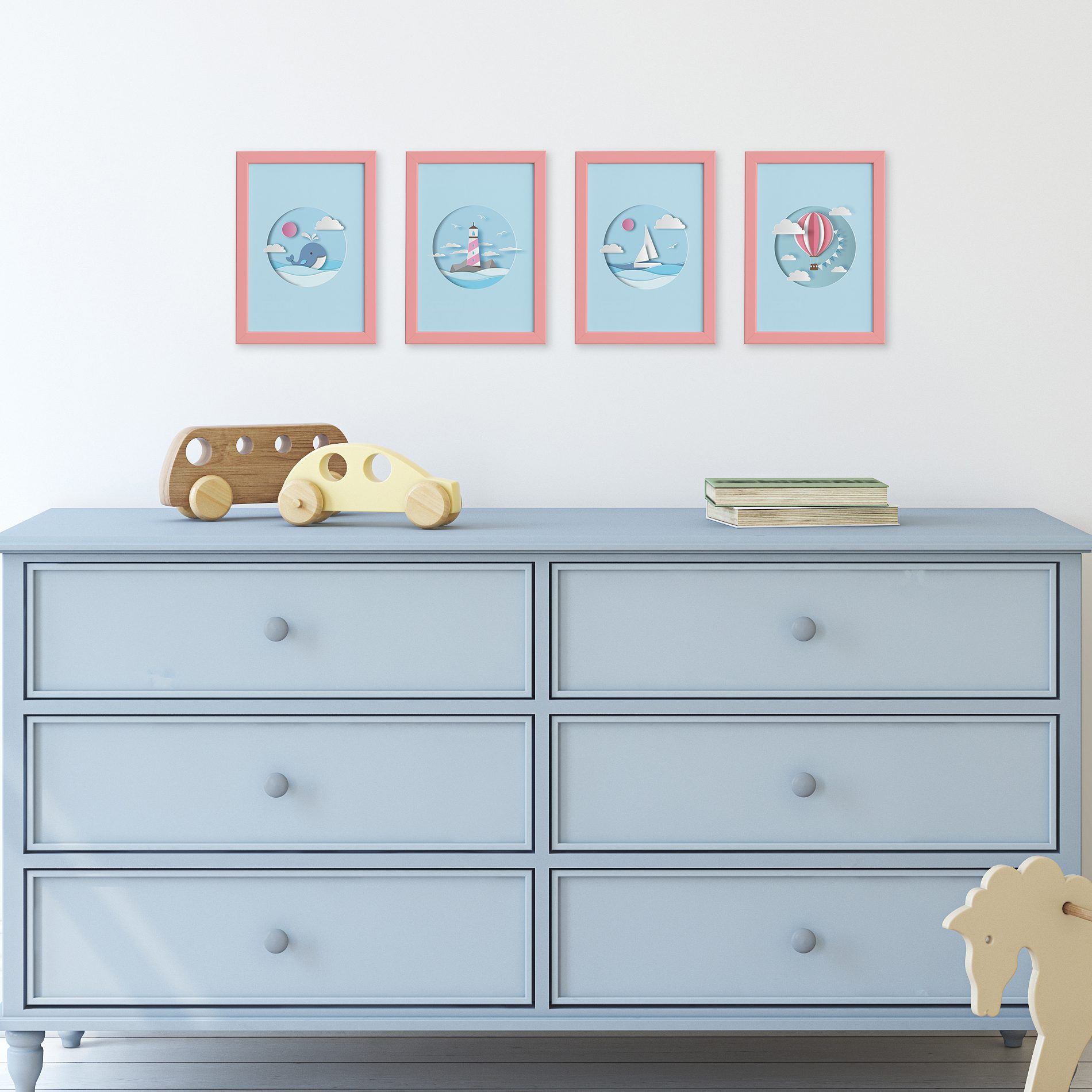 Quadros Quarto Infantil Praia Moldura Rosa 22x32cm Kit4un,Quadros Quarto Infantil Praia Moldura Rosa 22x32cm Kit4un