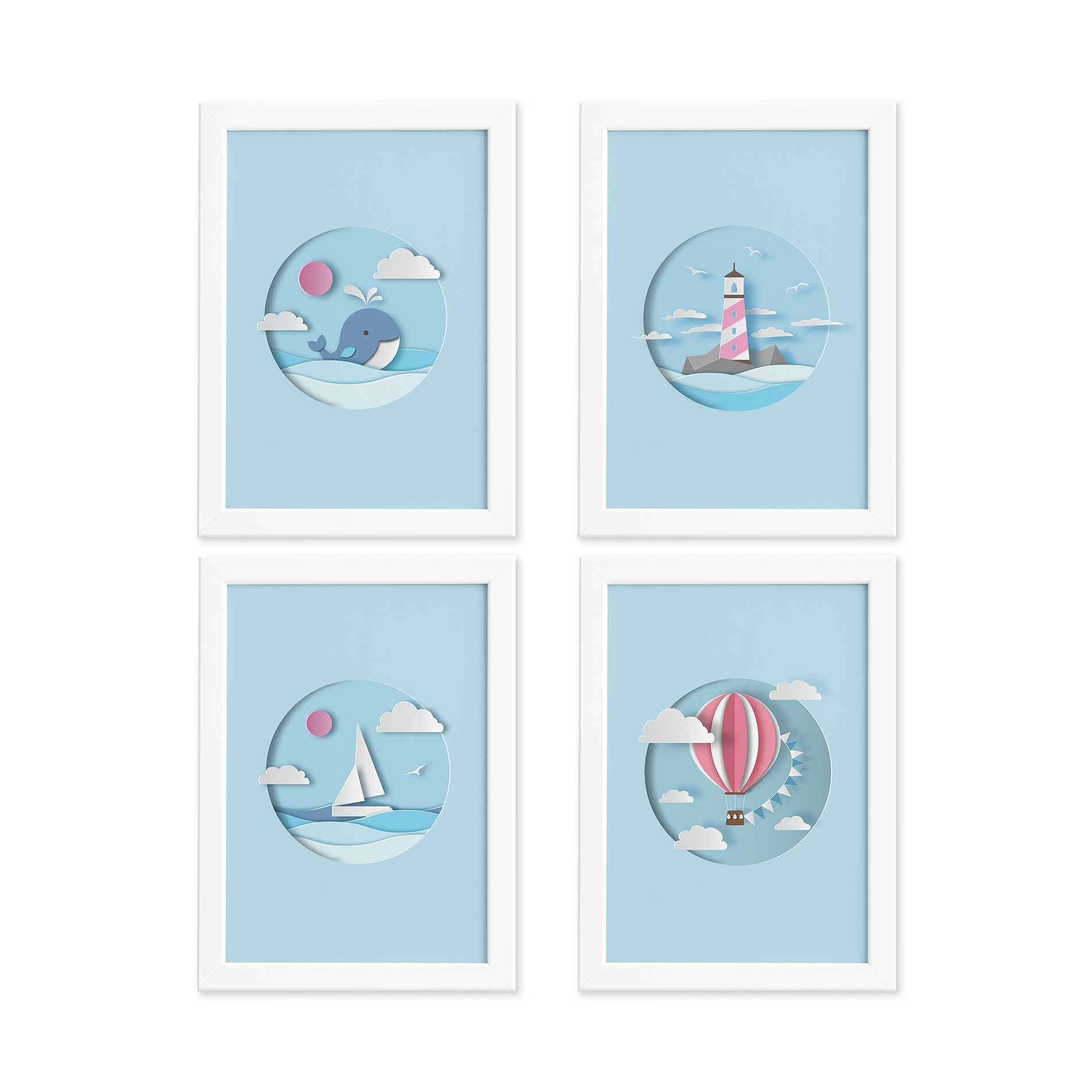 Quadros Quarto Infantil Praia Moldura Branca 22x32cm Kit4un