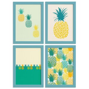 Kit Quadros Abacaxi Mesclados Moldura Azul 4un 22x32cm