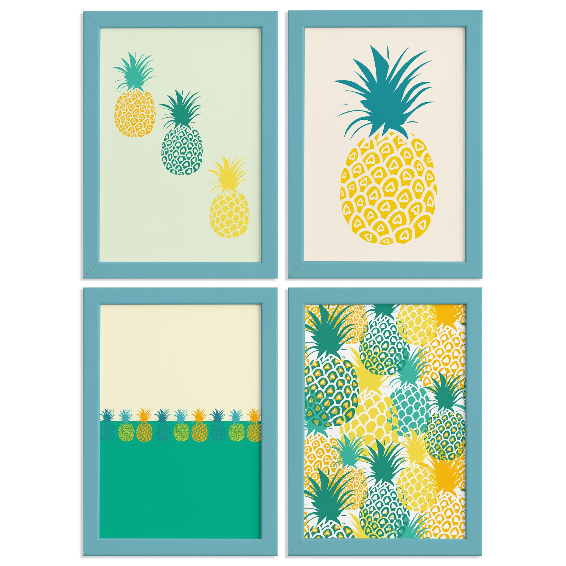 Kit Quadros Abacaxi Mesclados Moldura Azul 4un 22x32cm