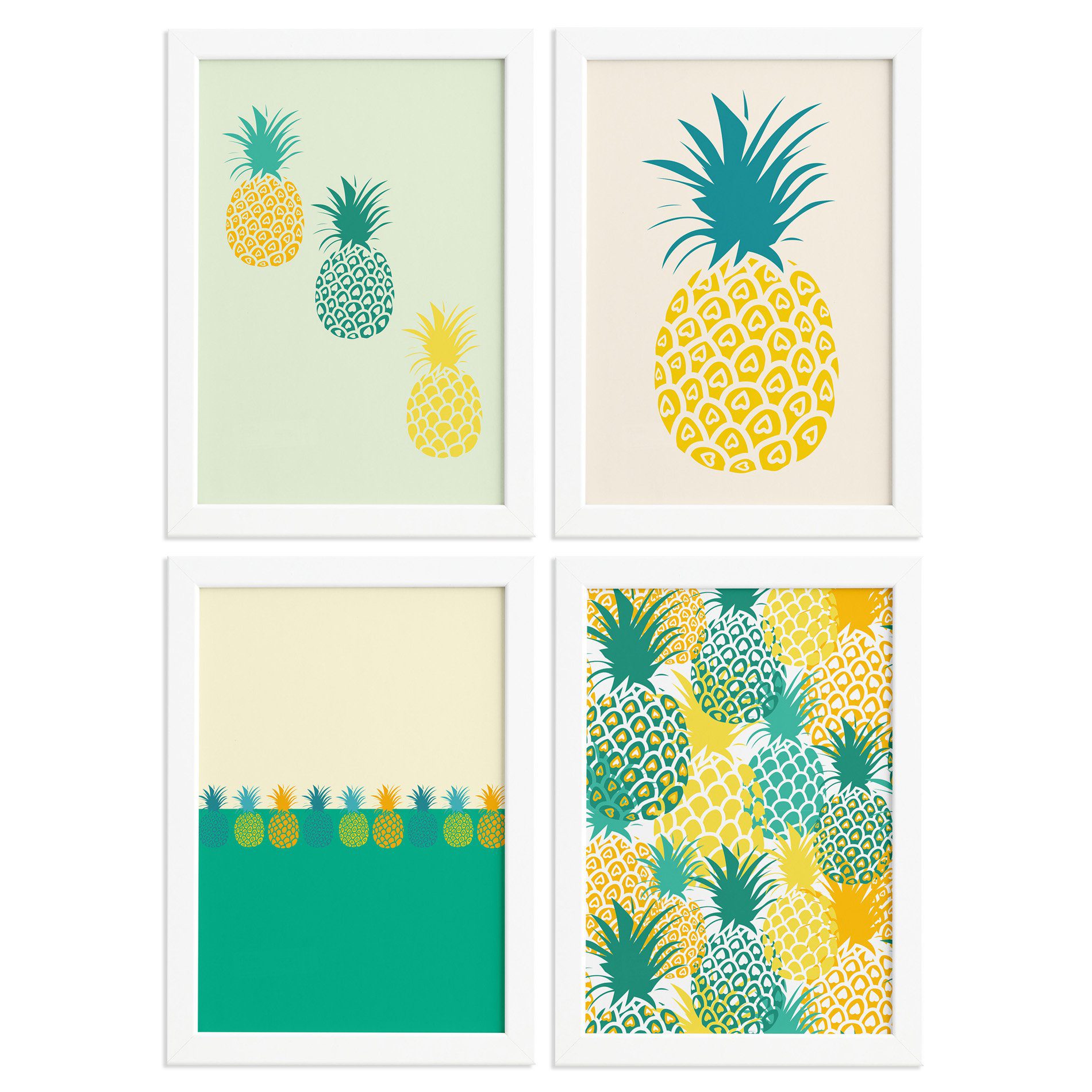 Kit Quadros Abacaxi Mesclados Moldura Branca 4un 22x32cm