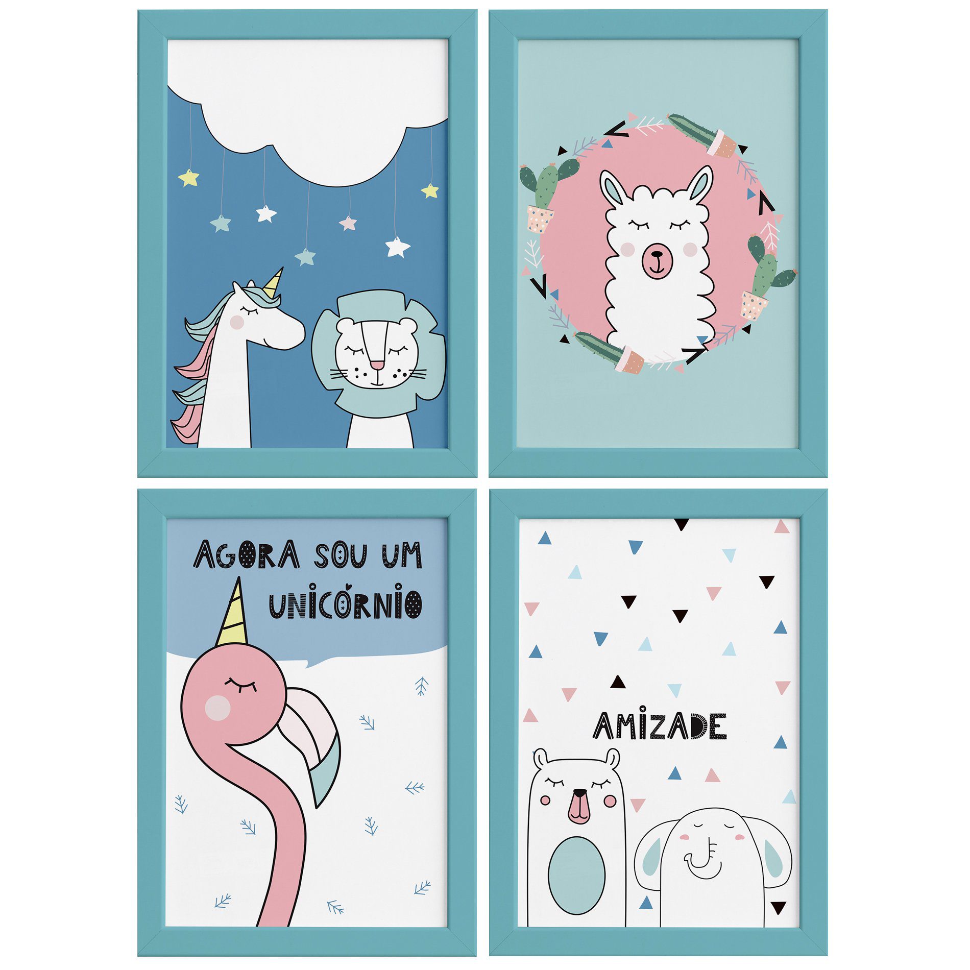 Kit Quadros Decorativos Animais Amigos 4un Mold Azul 22x32cm