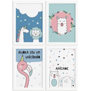 Kit Quadros Decorativos Animais Amigos 4un Mold Branca 33x43cm
