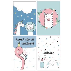 Kit Placa Decorativa MDF Animais Amigos 4 un 20x30cm