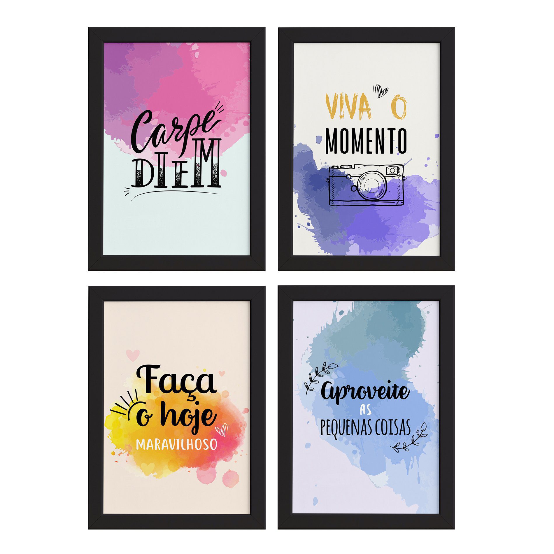 Conjunto de quatro quadros decorativos retangulares com moldura preta, medindo 33x43cm cada, com frases motivacionais em português.