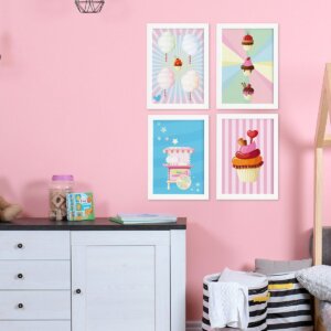 Quadros Doces Cup Cake com Moldura Branca Kit 4un 33x43cm