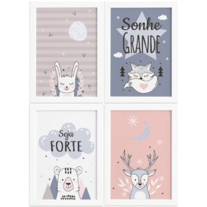 Quadros Decoração Escandinava Infantil 4un Moldura Branca 33x43