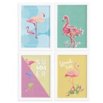 Quadros Flamingos Moldura Branca 4un 33x43cm