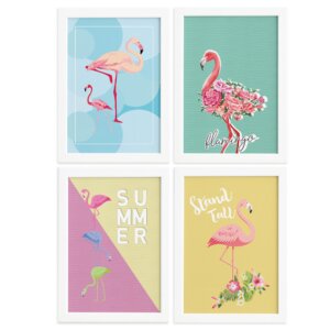 Quadros Decorativos Flamingos Moldura Branca 4un 33x43cm