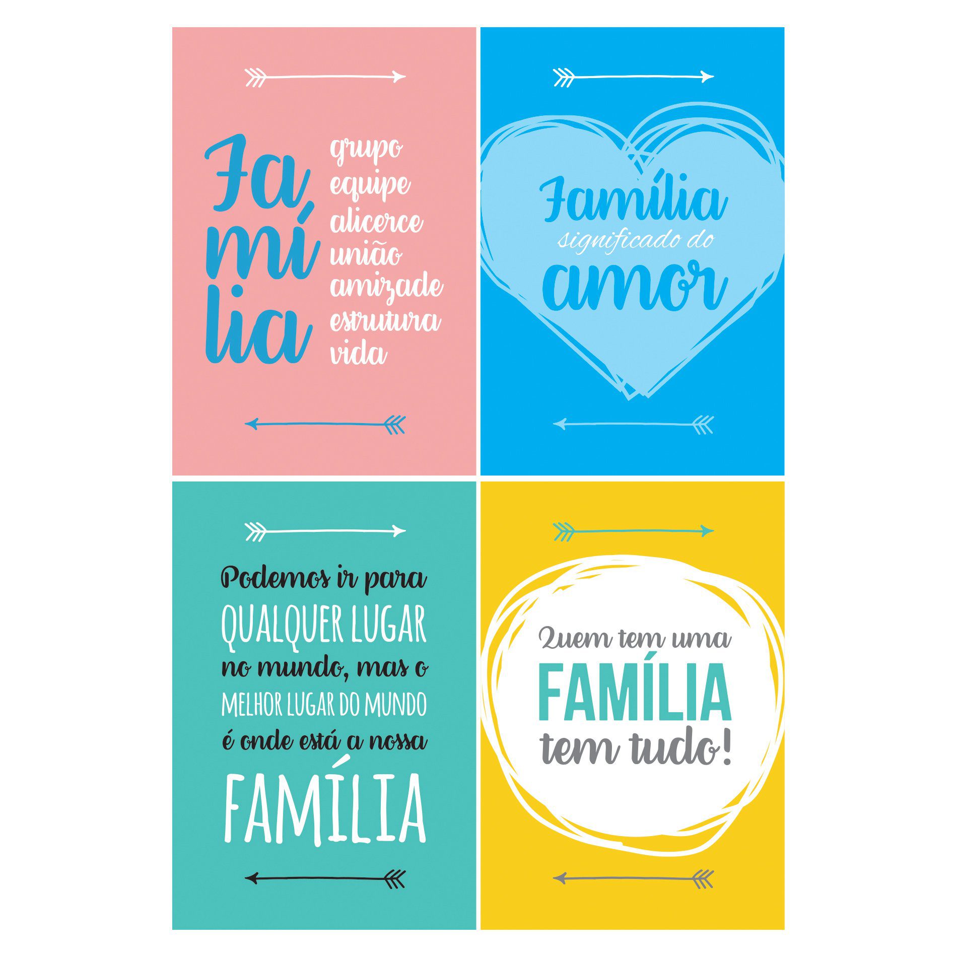 Kit com 4 placas decorativas em MDF 30x40cm com frases de família para decoração de ambientes.