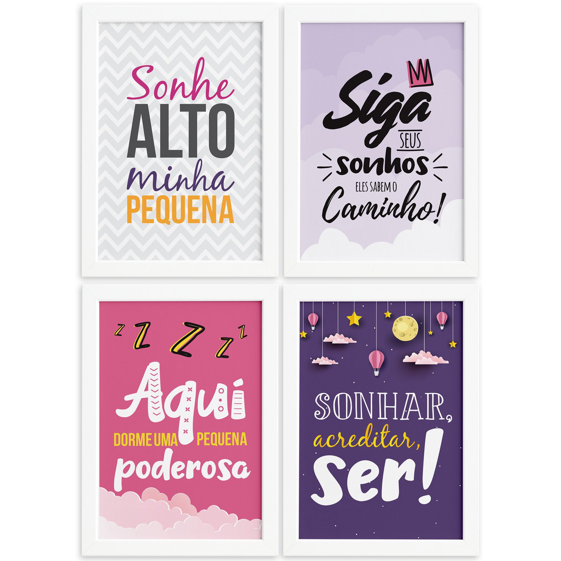 Quadro Infantil Frase Menina Moldura Branca 4un 22x32cm