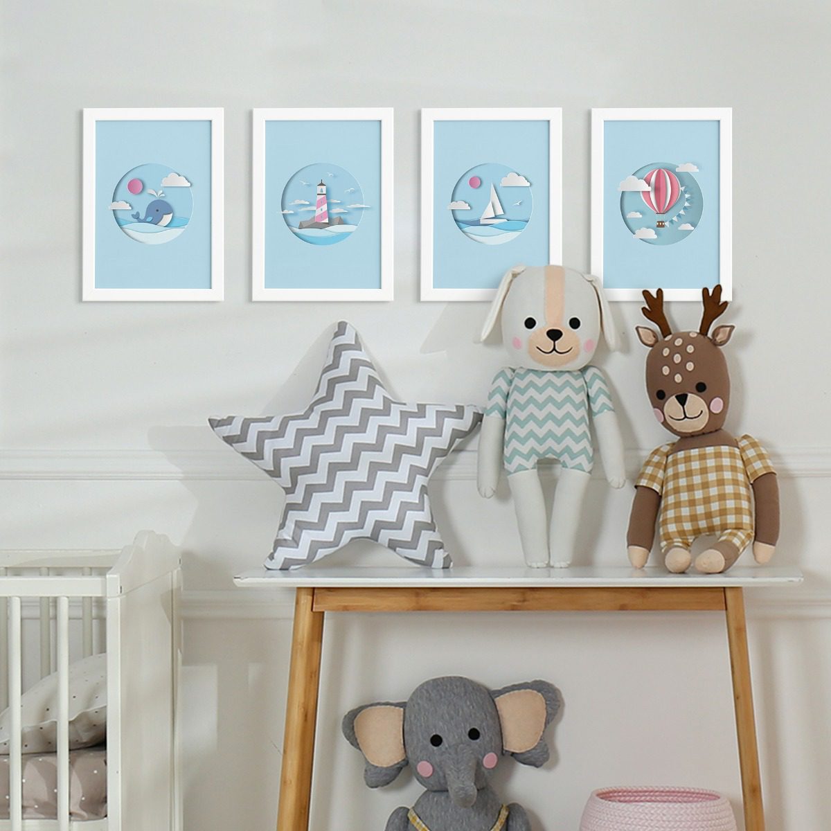 Quadros Quarto Infantil Praia Moldura Branca 33x43cm Kit4un