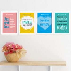 Quadros Decorativos Frases Familia Moldura Branca Kit 4un 