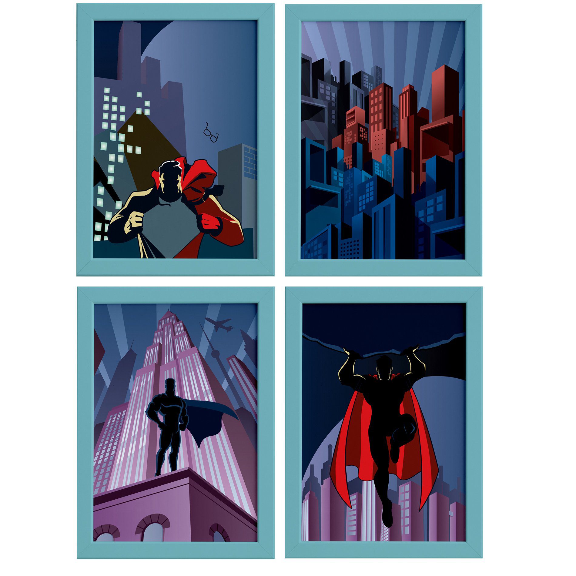 Quadros Superman Geek Moldura Azul 22x32cm 4un
