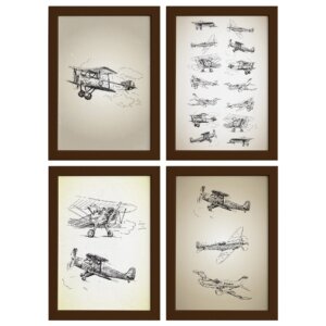 Quadros Vintage Aviões Antigos Moldura Marrom 33x43cm 4un