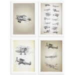 Quadros Vintage Aviões Antigos Moldura Branca 33x43cm 4un