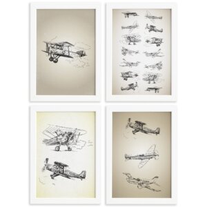Quadros Vintage Aviões Antigos Moldura Branca 33x43cm 4un