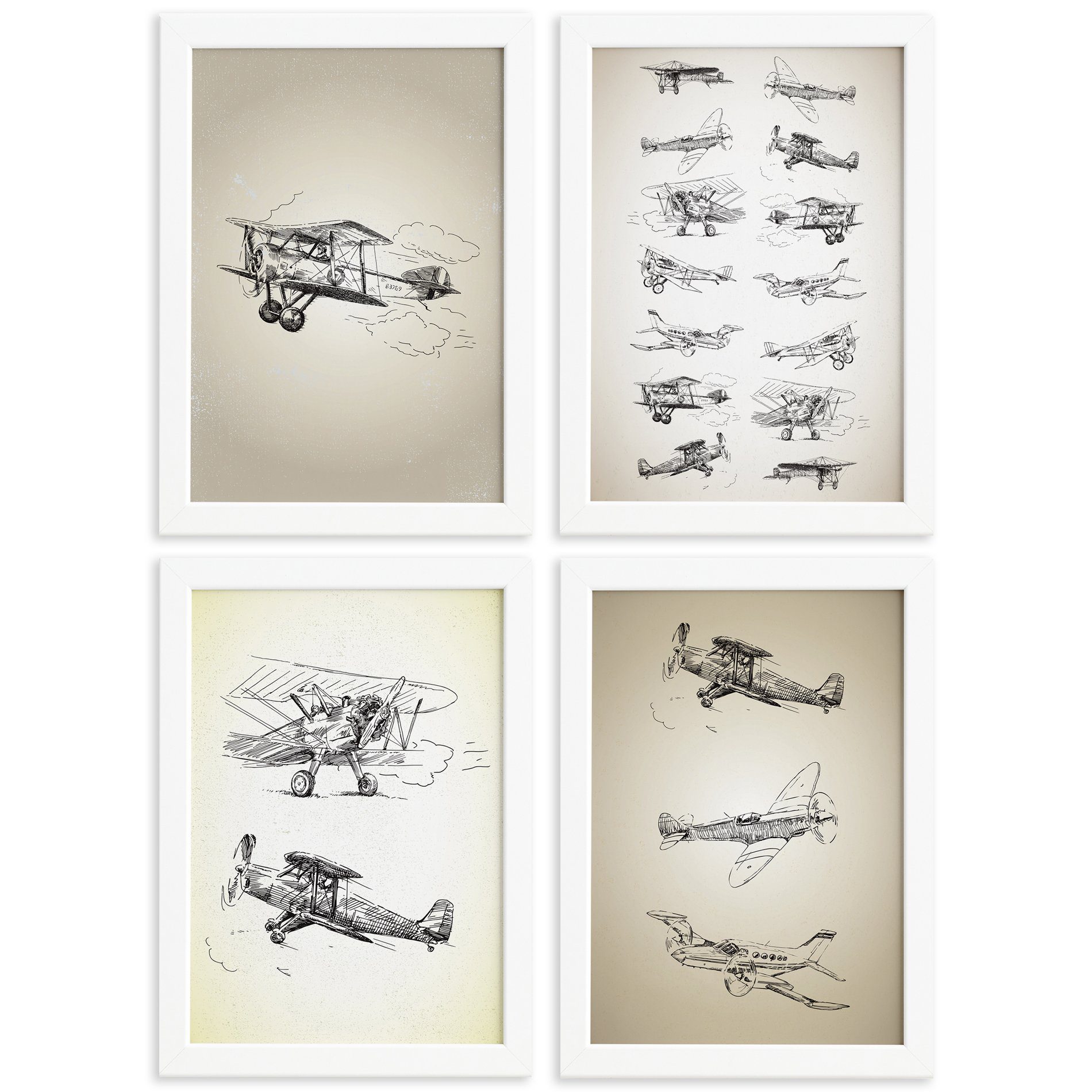 Quadros Vintage Aviões Antigos Moldura Branca 33x43cm 4un
