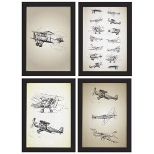 Quadros Vintage Aviões Antigos Moldura Preta 22x32cm 4un