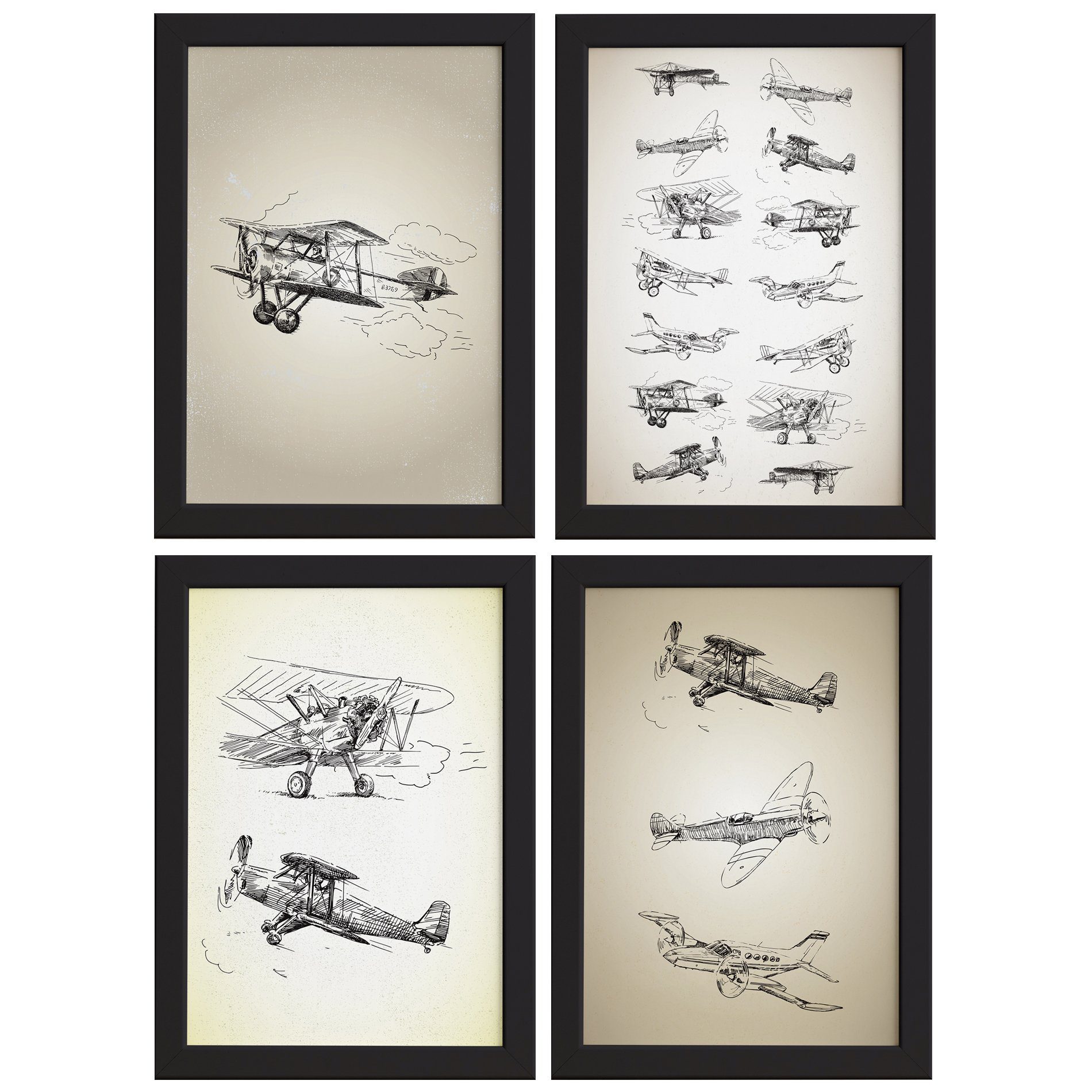 Quadros Vintage Aviões Antigos Moldura Preta 33x43cm 4un