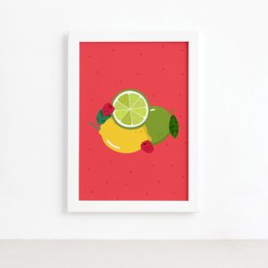 Quadro Frutas Limões Framboesas Moldura Branca 22x32cm,Quadro Frutas Limões Framboesas Moldura Branca 22x32cm
