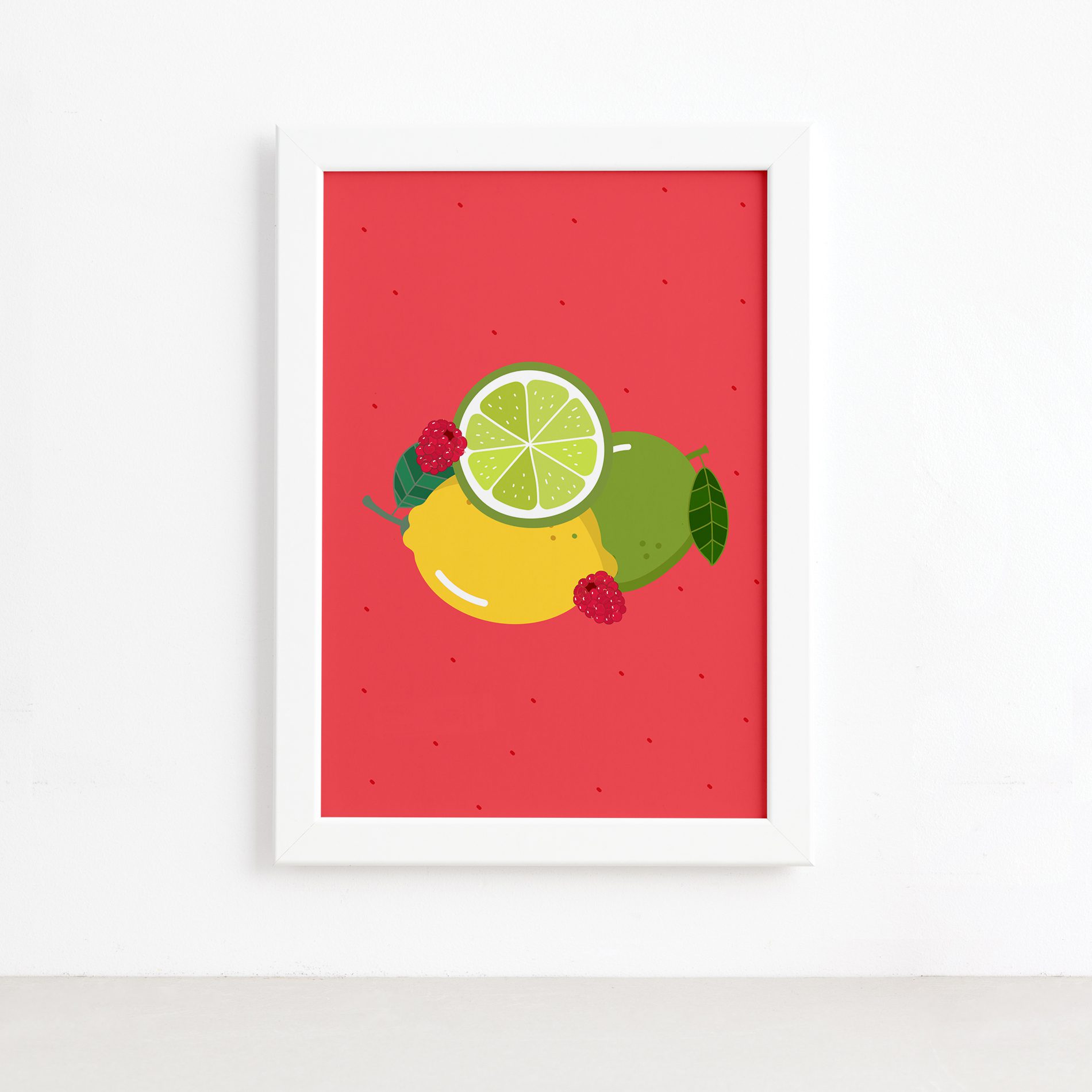 Quadro Frutas Limões Framboesas Moldura Branca 22x32cm,Quadro Frutas Limões Framboesas Moldura Branca 22x32cm