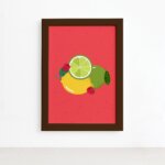 Quadro Frutas Limões Framboesas Moldura Marrom 22x32cm