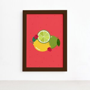 Quadro Frutas Limões Framboesas Moldura Marrom 22x32cm,Quadro Frutas Limões Framboesas Moldura Marrom 22x32cm
