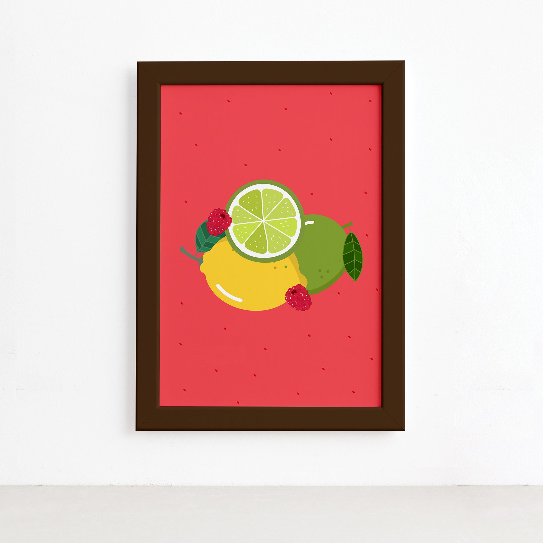 Quadro Frutas Limões Framboesas Moldura Marrom 22x32cm,Quadro Frutas Limões Framboesas Moldura Marrom 22x32cm