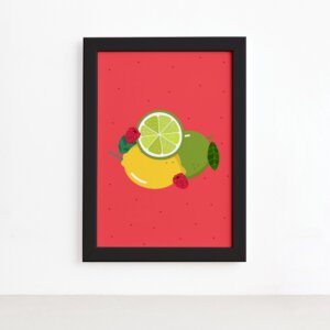 Quadro Frutas Limões Framboesas Moldura Preta 22x32cm,Quadro Frutas Limões Framboesas Moldura Preta 22x32cm