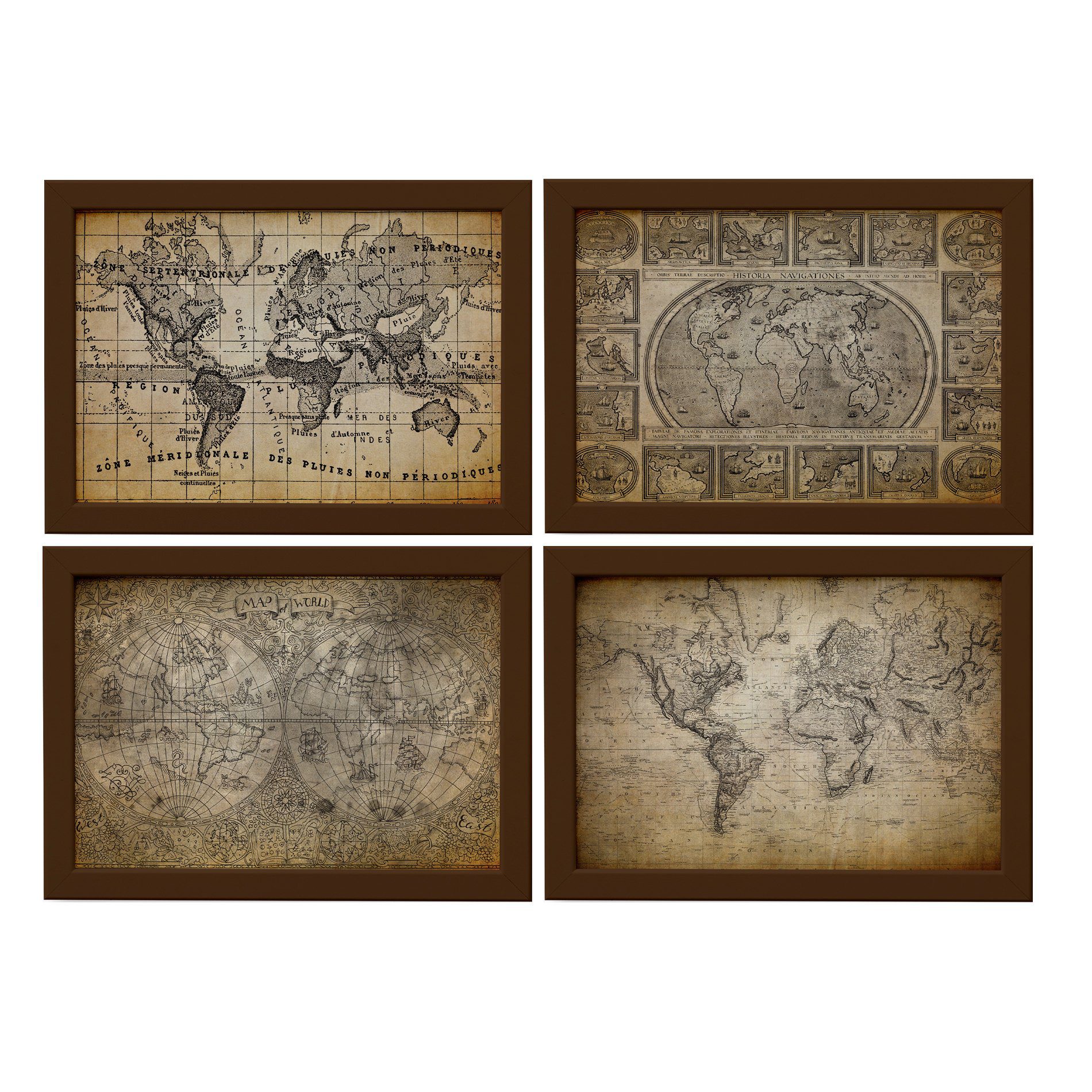 Quadros Mapas Antigos Vintage Moldura Marrom
