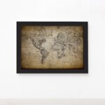 Quadro Vintage Mapa Mundi Antigo Moldura Preta 33x43cm