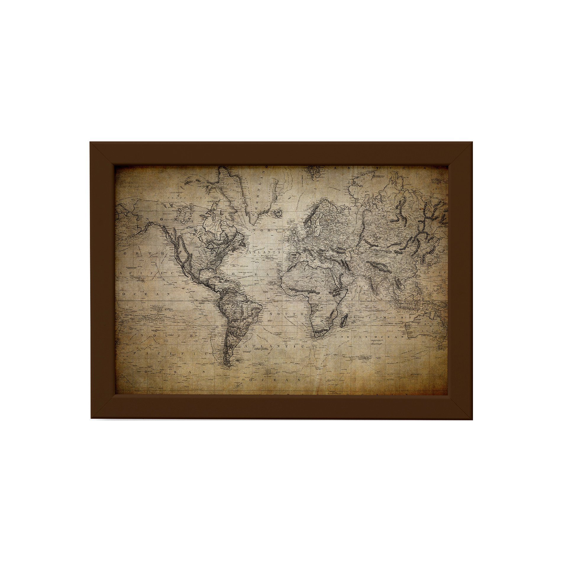 Quadro Vintage Mapa Mundi Antigo Moldura Marrom