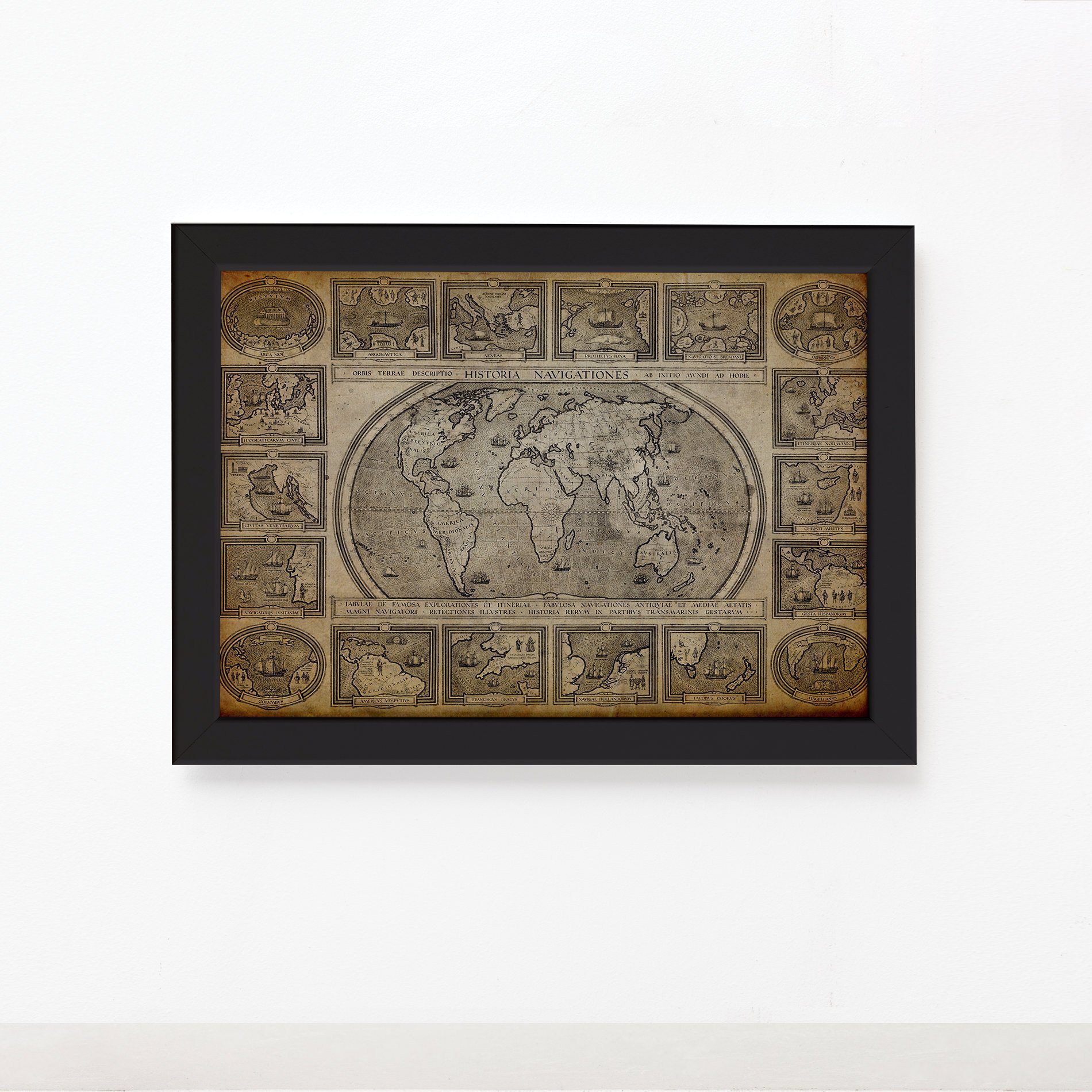 Quadro Vintage Mapa Antigo Navegações Moldura Preta