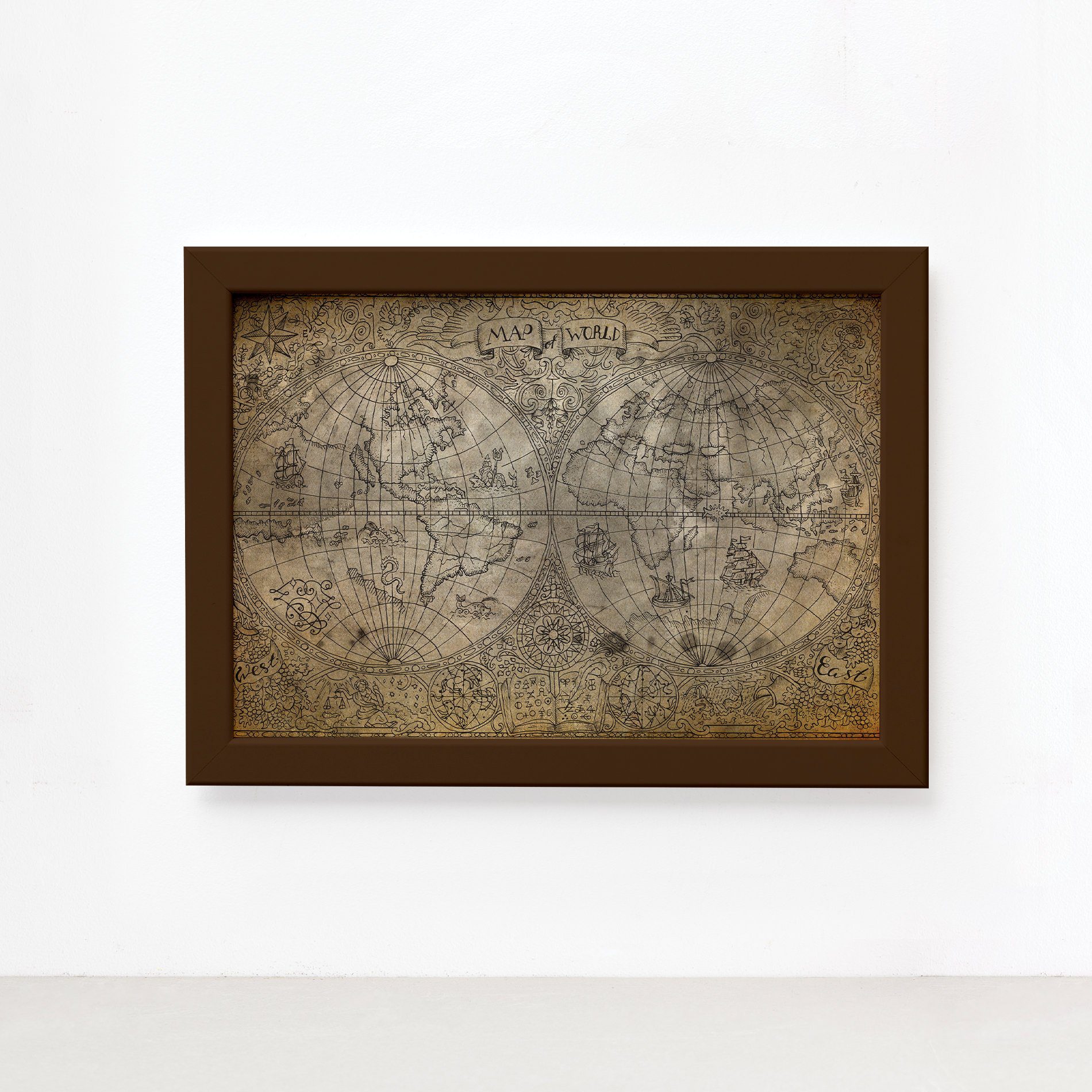 Quadro Vintage Mapa Antigo Moldura Marrom
