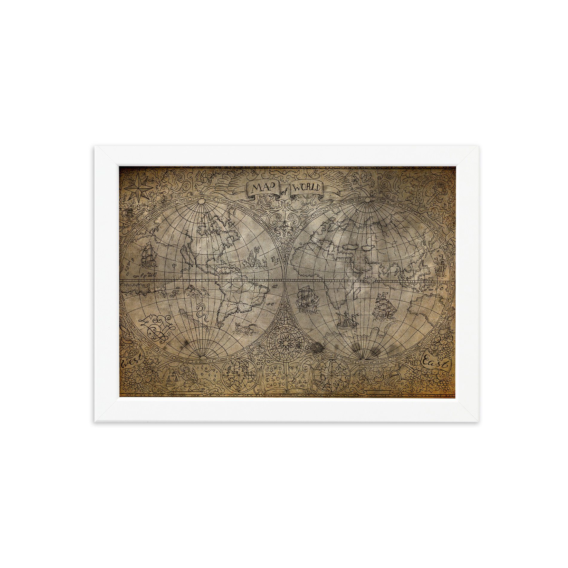 Quadro Vintage Mapa Antigo Moldura Branca