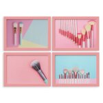 Kit Quadros Decorativos Maquiagem Pincéis Moldura Rosa 4un 22x32cm