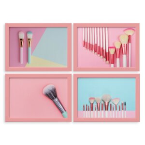 Kit Quadros Decorativos Maquiagem Pincéis Moldura Rosa 4un 22x32cm
